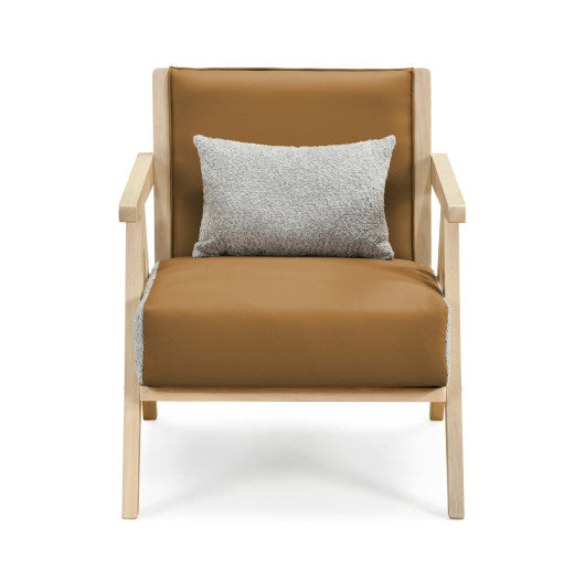 Mid-Century Modern Accent Chair Artificial Leather Sofa Chair with Rubber Wood Frame-Brown