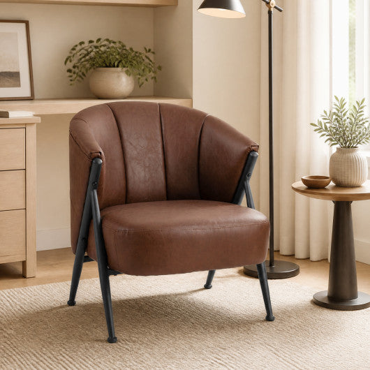 Mid Century Modern Accent Chair with Curved Backrest and Wide Seat Comfy Armchair-Brown