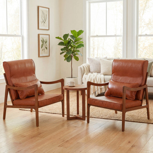 Modern Accent Chair with Solid Rubber Wood Faux Leather Upholstered Armchair-Brown