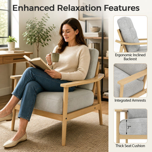 Modern Accent Chair with Rubber Wood Armrests and Legs for Living Room-Natural