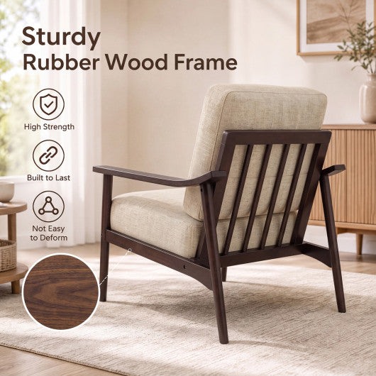 Modern Accent Chair with Rubber Wood Armrests and Legs for Living Room-Brown