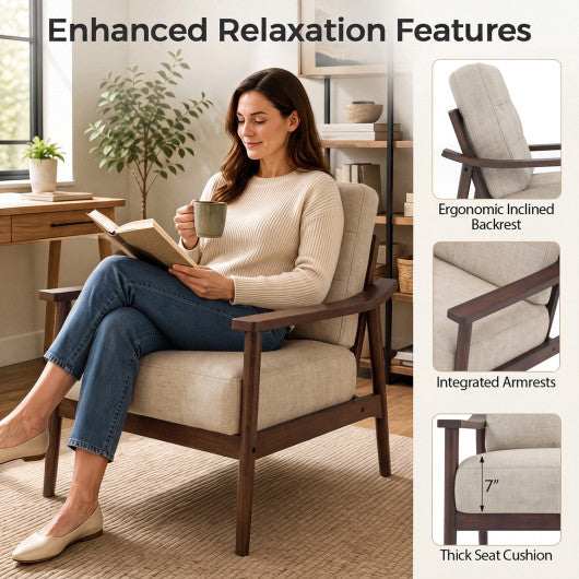 Modern Accent Chair with Rubber Wood Armrests and Legs for Living Room-Brown