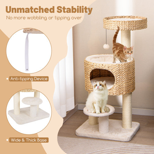 Modern Cat Tower Cat Tree with Top Perch Cattail Fluff Condo-Natural