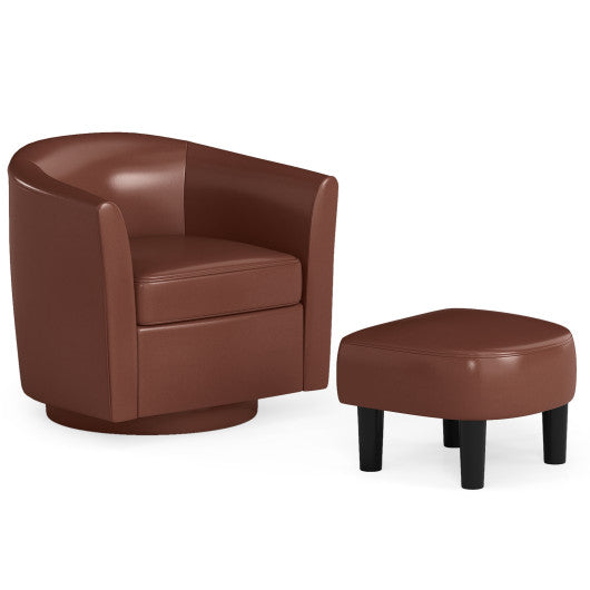 Modern Club Swivel Accent Chair with Ottoman Footrest Curved Backrest-Brown