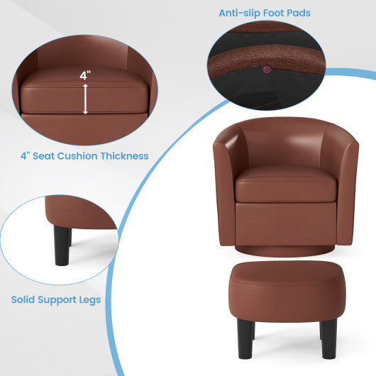 Modern Club Swivel Accent Chair with Ottoman Footrest Curved Backrest-Brown