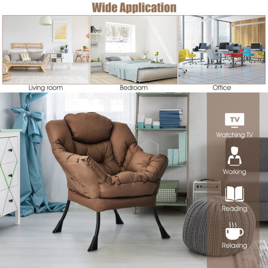 Modern Polyester Fabric Lazy Chair with Steel Frame and Side Pocket-Brown