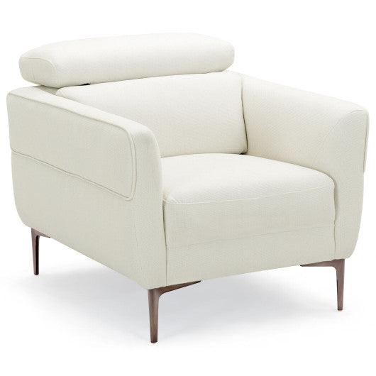 Modern Upholstered Single Sofa with Adjustable Headrest and Stable Metal Legs-White
