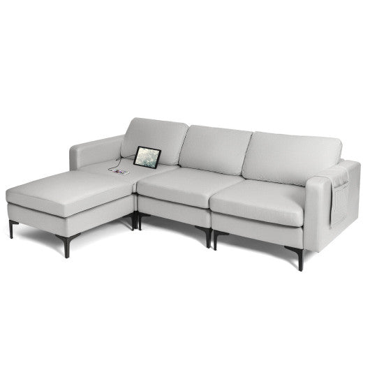 Modular 3-Seat L-shaped Sectional Sofa with Reversible Chaise and 2 USB Ports-Light Gray
