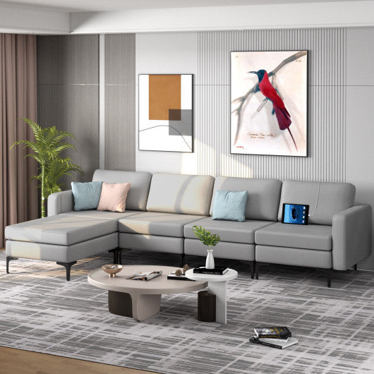 Modular L-shaped Sectional Sofa with Reversible Ottoman and 2 USB Ports-Light Gray
