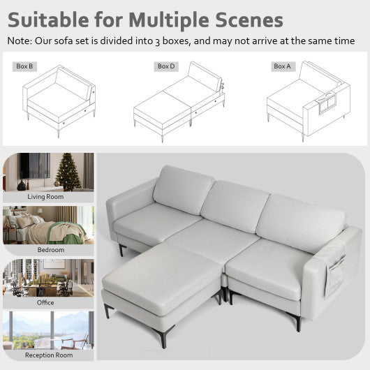 Modular 3-Seat L-shaped Sectional Sofa with Reversible Chaise and 2 USB Ports-Light Gray