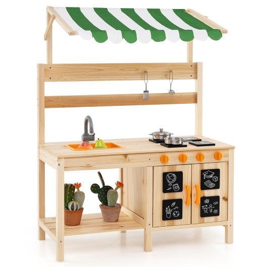 Mud Kitchen Fir Wood Play Kitchen with Canopy and Sink and 4 Stoves-Natural