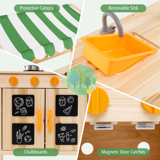 Mud Kitchen Fir Wood Play Kitchen with Canopy and Sink and 4 Stoves-Natural