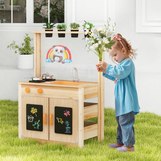 Kids Mud Kitchen Fir Wood Playset with Planting Pots and Blackboards-Natural