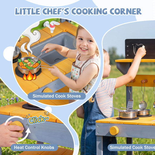 Mud Kitchen Set for Kids with Running Water Reservoir and Plant Pots for 3+-Yellow