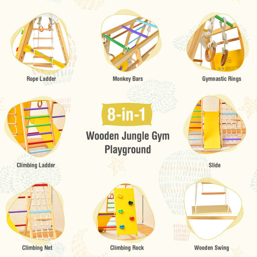 8-in-1 Wooden Jungle Gym Playset with Slide and Monkey Bars-Multicolor