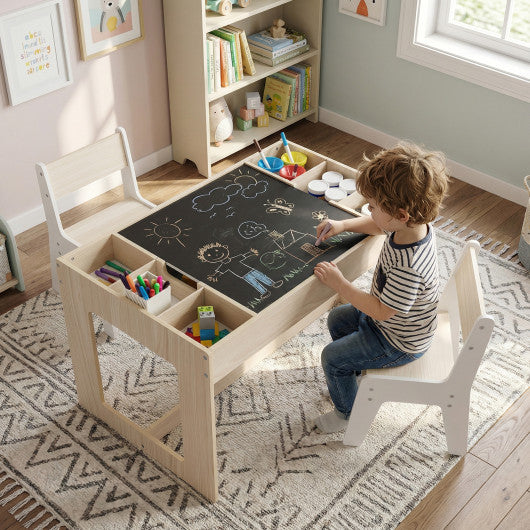 Multifunctional Kids Table and 2 Chairs Set with Chalkboard-Natural