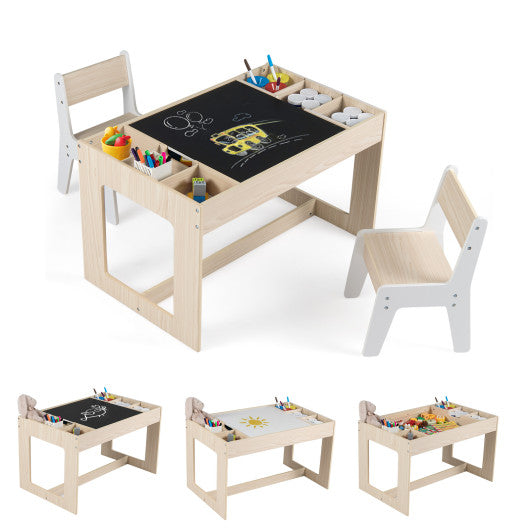 Multifunctional Kids Table and 2 Chairs Set with Chalkboard-Natural