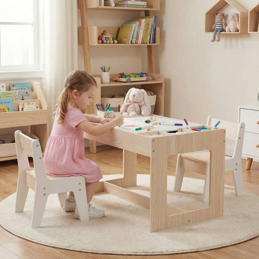 Multifunctional Kids Table and 2 Chairs Set with Chalkboard-Natural