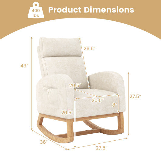 Nursery Rocking Chair Upholstered Chenille Rocker Armchair with Natural Rubber Wood Frame-Beige