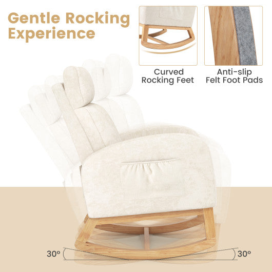 Nursery Rocking Chair Upholstered Chenille Rocker Armchair with Natural Rubber Wood Frame-Beige