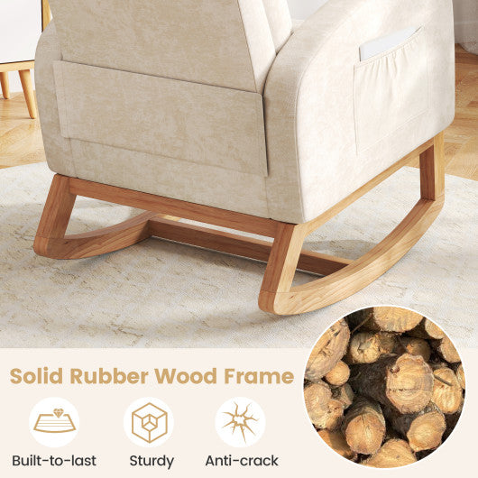 Nursery Rocking Chair Upholstered Chenille Rocker Armchair with Natural Rubber Wood Frame-Beige