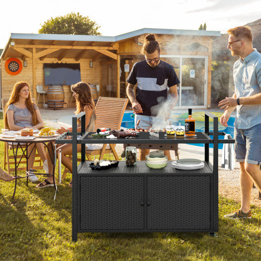 Outdoor Bar Cart Wicker Buffet Serving Cart with Cabinet and 8 Hooks-Black