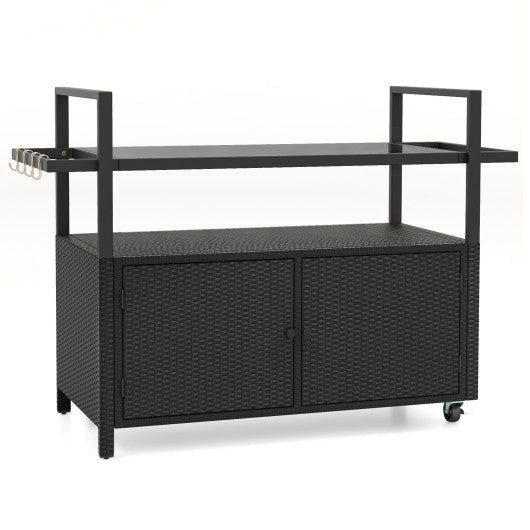 Outdoor Bar Cart Wicker Buffet Serving Cart with Cabinet and 8 Hooks-Black