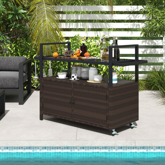 Outdoor Bar Cart Wicker Buffet Serving Cart with Cabinet and 8 Hooks-Brown