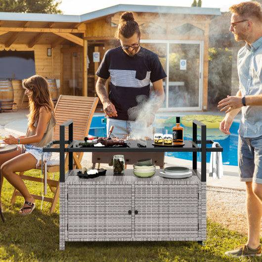 Outdoor Bar Cart Wicker Buffet Serving Cart with Cabinet and 8 Hooks-Gray