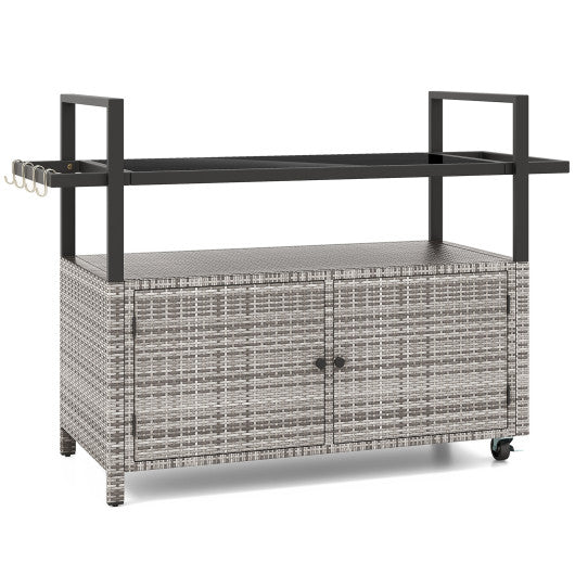 Outdoor Bar Cart Wicker Buffet Serving Cart with Cabinet and 8 Hooks-Gray