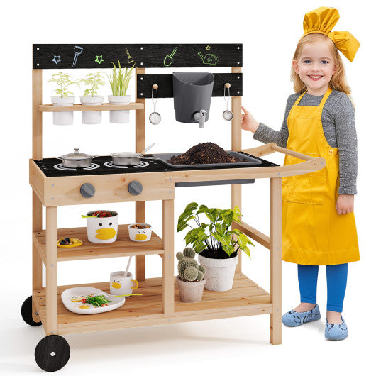 Outdoor Fir Wood Play Kitchen with Blackboard and Planting Pots-Natural