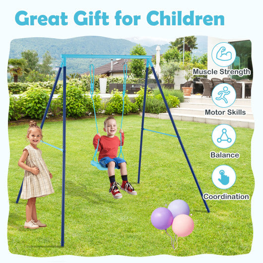 Outdoor Heavy Duty Metal Toddler Swing Set with Stand-Blue