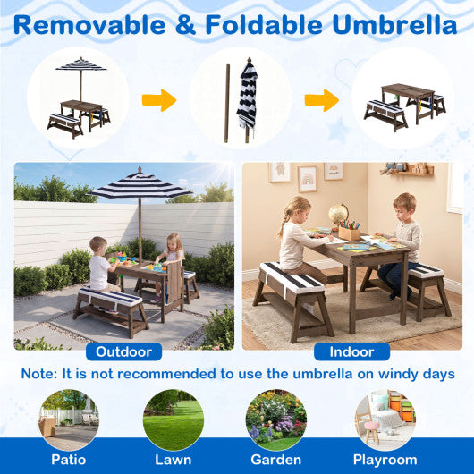 Outdoor Kids Wooden Picnic Table and Benches Set with Umbrella-Blue