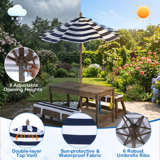 Outdoor Kids Wooden Picnic Table and Benches Set with Umbrella-Blue