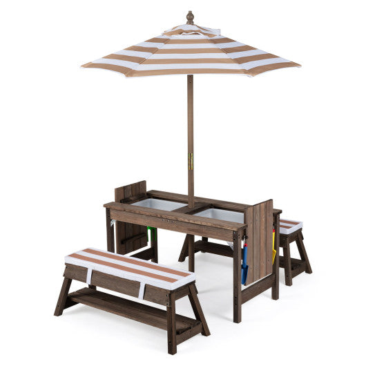 Outdoor Kids Wooden Picnic Table and Benches Set with Umbrella-Brown