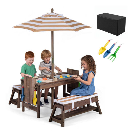 Outdoor Kids Wooden Picnic Table and Benches Set with Umbrella-Brown