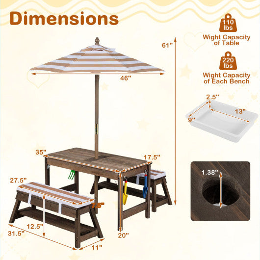 Outdoor Kids Wooden Picnic Table and Benches Set with Umbrella-Brown