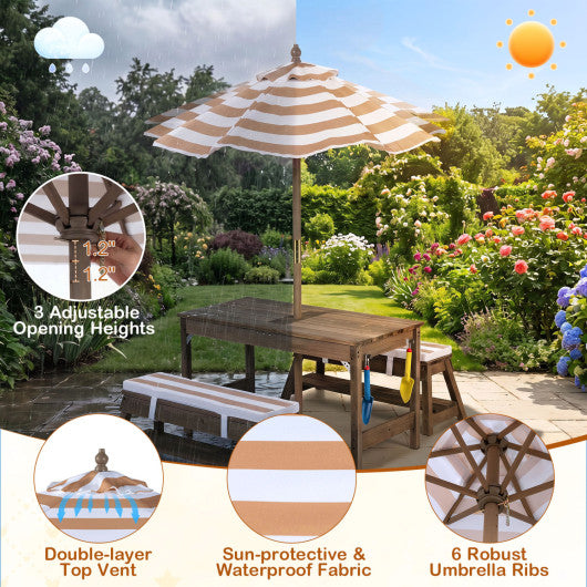 Outdoor Kids Wooden Picnic Table and Benches Set with Umbrella-Brown