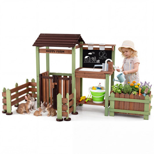 Wooden Mud Farm Playset with Planter Box Lockable Yard and Faucet for 3+ Kids