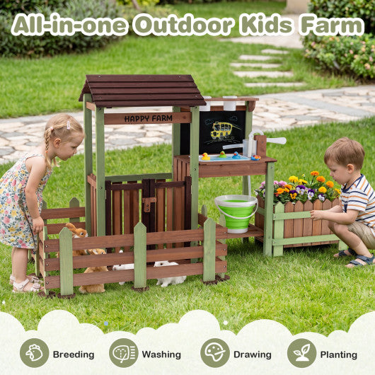 Wooden Mud Farm Playset with Planter Box Lockable Yard and Faucet for 3+ Kids