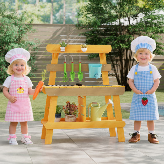 Outdoor Mud Kitchen for Kids Wooden Play Kitchen Toy for Boys Girls Aged 3-8-Yellow