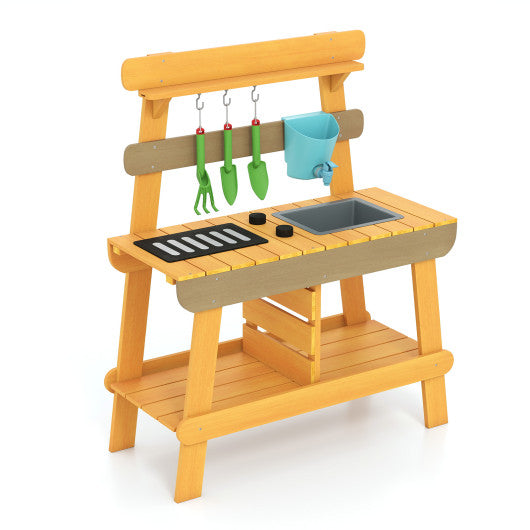 Outdoor Mud Kitchen for Kids Wooden Play Kitchen Toy for Boys Girls Aged 3-8-Yellow