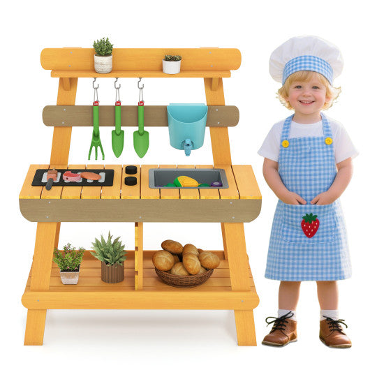 Outdoor Mud Kitchen for Kids Wooden Play Kitchen Toy for Boys Girls Aged 3-8-Yellow