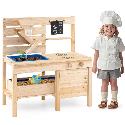 Outdoor Play Pretend Kitchen with Detachable Sandbox and Removable Sink-Natural