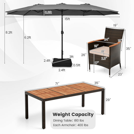 11 Pieces Patio Dining Set with 15 Feet Double-Sided Patio Umbrella and Base-Coffee