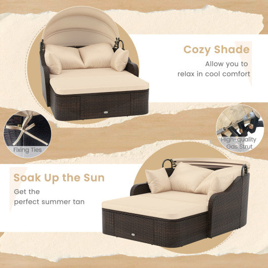 Patio PE Rattan Daybed with Retractable Canopy and Soft Cushions-Beige