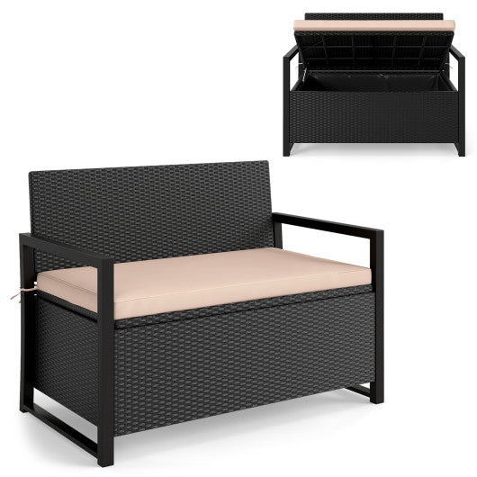 Patio Storage Bench Outdoor Wicker Loveseat with Built-in Storage