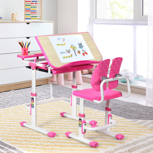 Height Adjustable Kids Study Desk and Chair Set-Pink