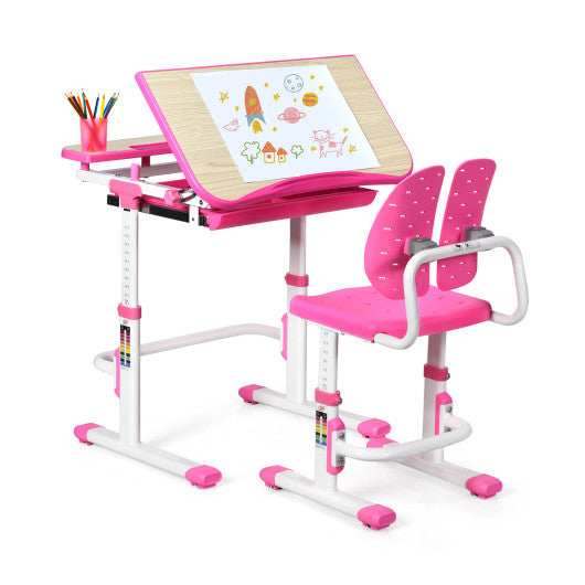 Height Adjustable Kids Study Desk and Chair Set-Pink