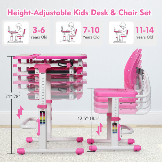 Height Adjustable Kids Study Desk and Chair Set-Pink